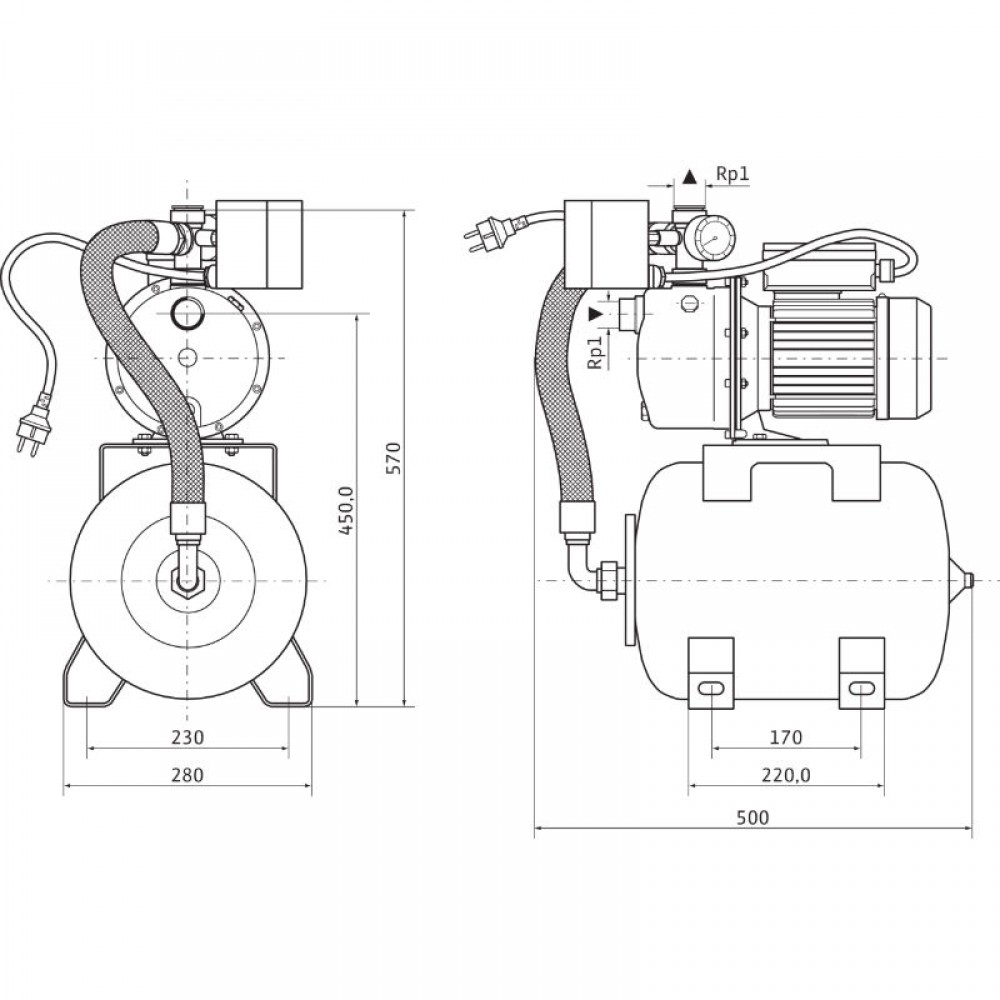 Хидрофорна помпа Wilo HWJ 202 X EM 24L - мощност 650W, напор 34м, дебит 75 l/min |  |  |
